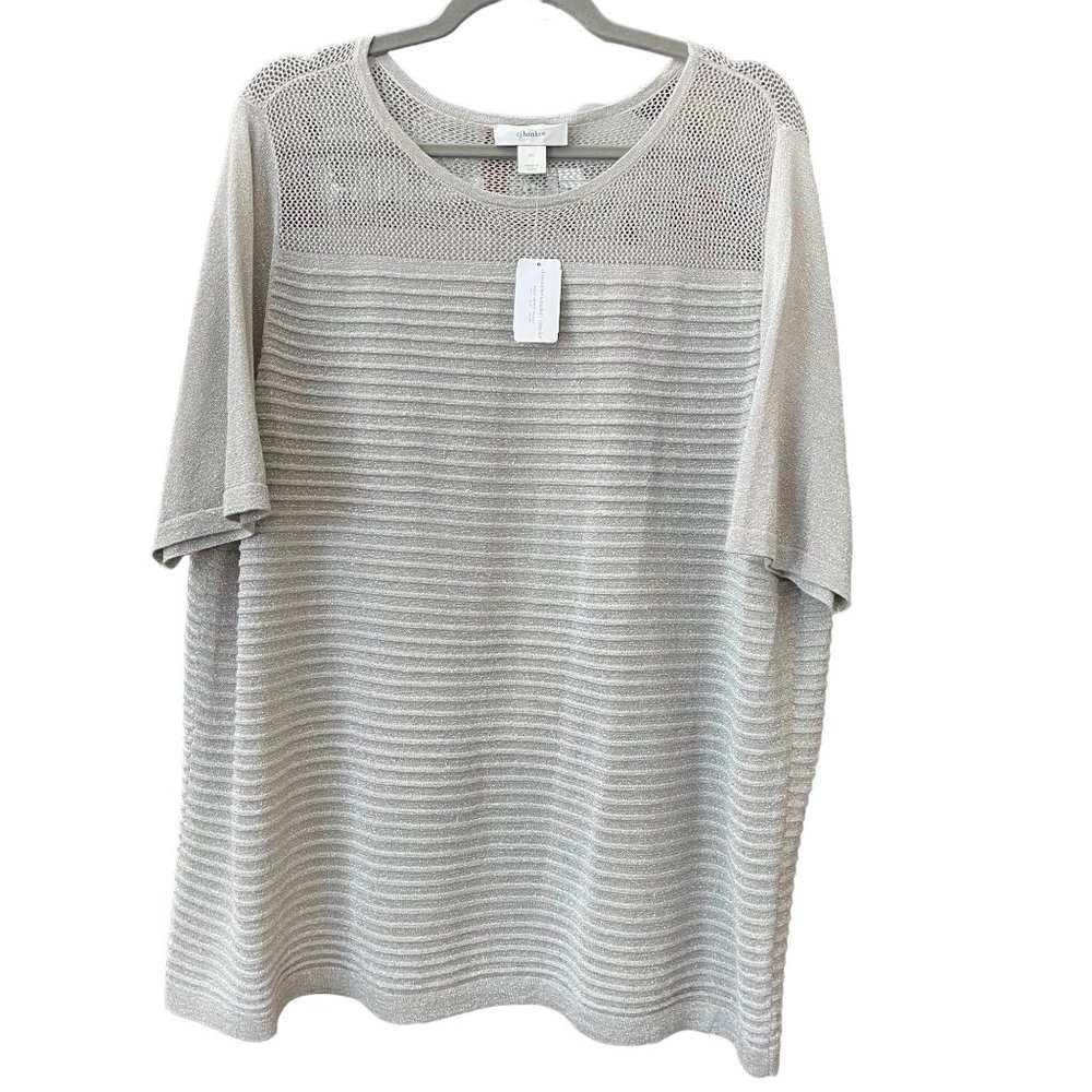 CJ Banks Silver Sparkle Short Sleeve Lightweight Open Knit Sweater Size 2X NWT